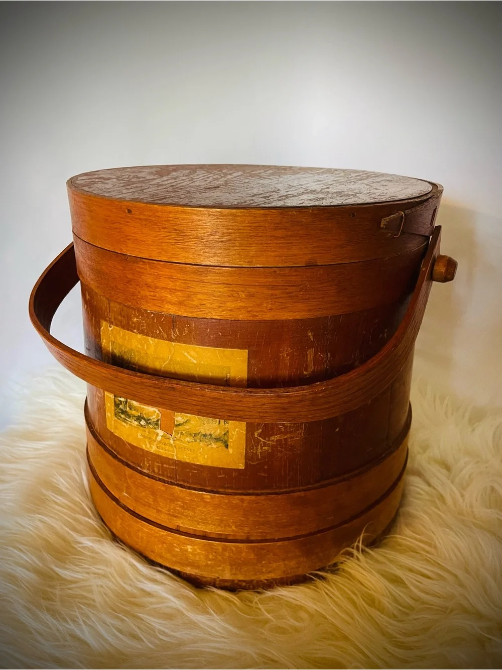Vintage Primitive Wood FIRKIN Sugar Bucket Finger Bands Pegged Bentwood Handle
